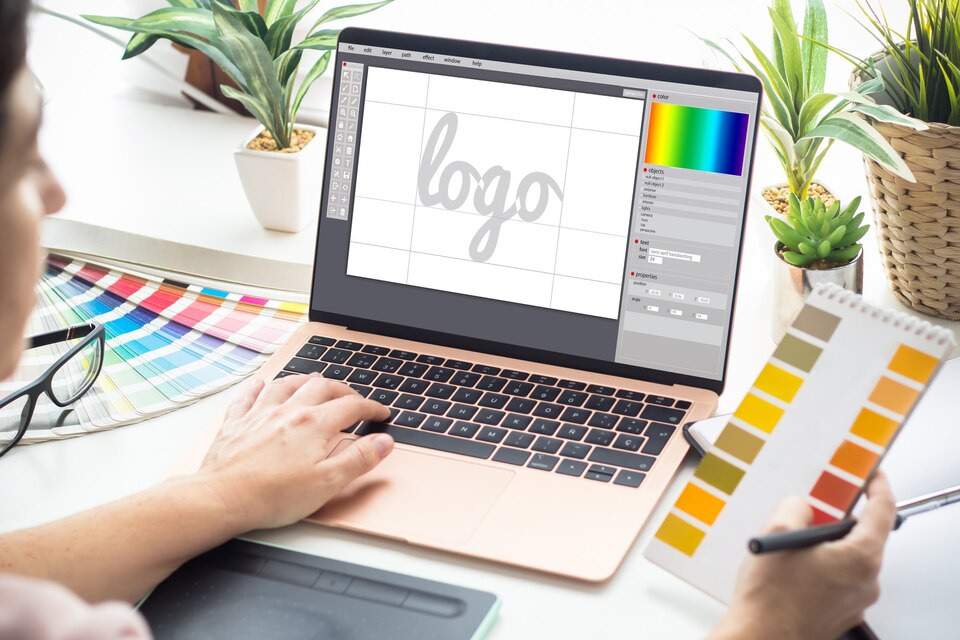 Graphic designer creating logo on laptop.